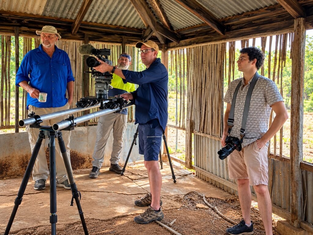 Documentary camera crew setting up a slider shot on location for Twenty to the Mile